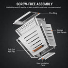 Exploded view of the Legacy Heating 25-inch stainless steel slatted smokeless fire pit showing screw-free assembly, pull-out ash pan, stainless steel Fire Ring, and heat insulation panel.