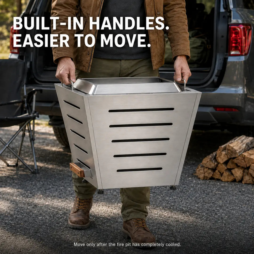 Man carrying the fully cooled Legacy Heating 25-inch stainless steel slatted smokeless fire pit using its concealed vertical sliding stainless steel handles.
