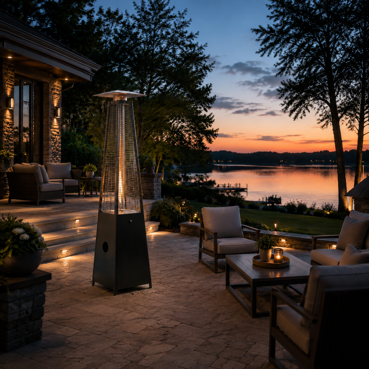 Legacy Heating CAPH-GT-S flame patio heater creating warmth and ambiance on a modern luxury outdoor terrace with a tall pyramid flame design.