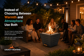Group of friends gathered around Legacy Heating 25-inch fire pit on outdoor patio at night, enjoying conversation with string lights overhead and standing patio heater in background, creating both warmth and cozy atmosphere for backyard entertaining