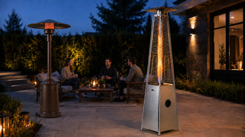 Legacy Heating stainless steel flame patio heater compared with a common aged-bronze mushroom-style patio heater on a backyard patio.