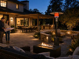 Legacy Heating KD07-S hammered black standing patio heater glowing on a luxury backyard patio at dusk.