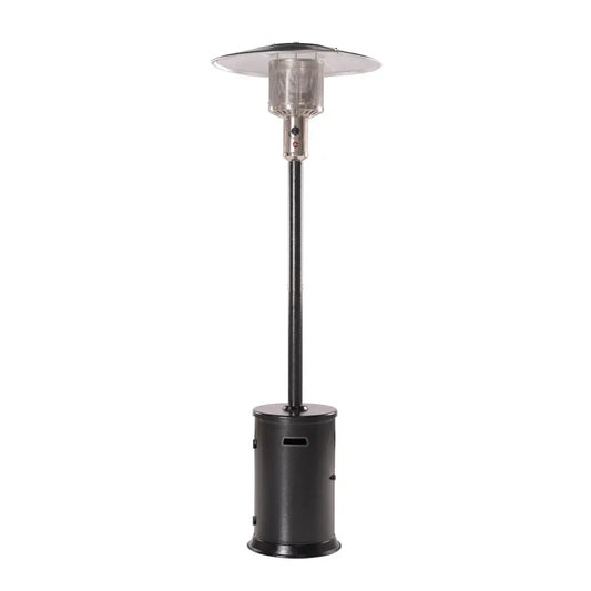 Full view of Legacy Heating KD07-S standing patio heater featuring hammered black cylindrical base housing, tall vertical pole, and stainless steel burner with protective mesh screen and clear reflector hood for efficient outdoor heating.