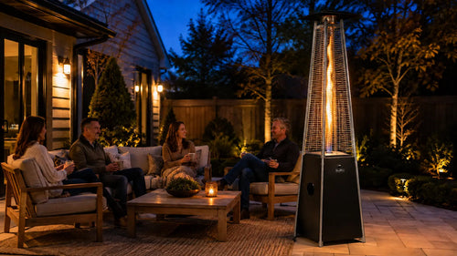 Legacy Heating Mocha flame patio heater providing 40,000 BTUs of warmth beside a backyard seating area on a cool evening.