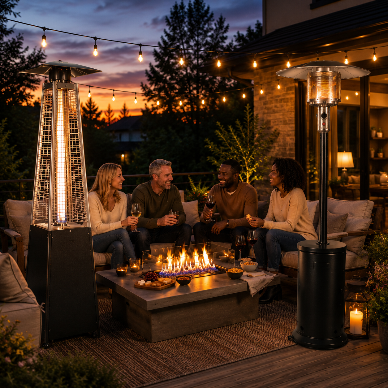 Evening outdoor entertaining scene featuring Legacy Heating patio heaters, serving as a visual hub for exploring all outdoor heating articles, product guides, and seasonal maintenance tips.