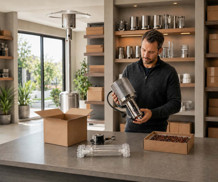 Customer support specialist inspecting a stainless steel patio heater burner assembly beside replacement parts and a CAPH-7-SS standing patio heater in an organized Legacy Heating service area.
