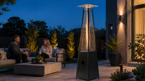Legacy Heating hammered black pyramid flame patio heater with a visible flame inside the quartz glass tube on a modern backyard patio.