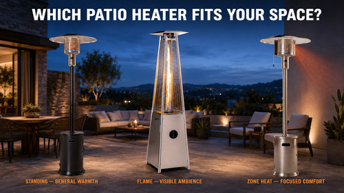 Legacy Heating standing, flame, and Zone Heat Tech patio heaters shown in an outdoor space for general warmth, visible flame ambience, and focused heating.