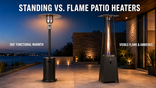 Legacy Heating standing patio heater and pyramid flame patio heater compared in a modern outdoor patio setting, showing functional 360-degree warmth and visible flame ambience.