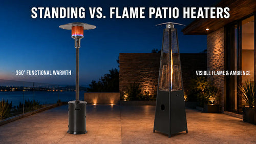 Legacy Heating standing patio heater and pyramid flame patio heater compared in a modern outdoor patio setting, showing functional 360-degree warmth and visible flame ambience.