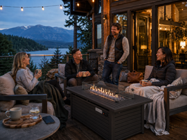 Vacation rental guests gathering around an outdoor fire table on a mountain lake cabin deck at dusk.