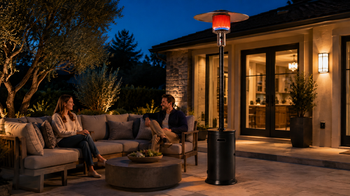Legacy Heating KD07-S standing propane patio heater providing elevated warmth beside a backyard seating area at night.