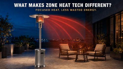 Legacy Heating Zone Heat Tech stainless steel patio heater directing focused radiant heat toward an outdoor seating area.